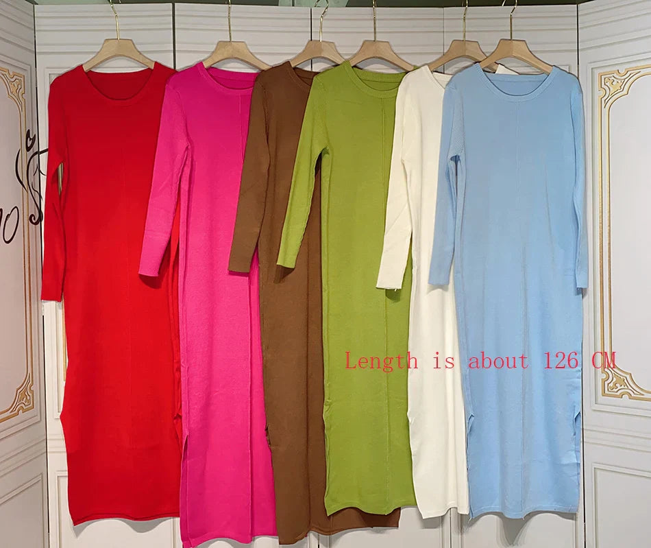 2024 Casual Midi Knit Dress Women's O-neck Long Sleeve Split Straight Dresses Autumn Pure Color Knit Vestidos