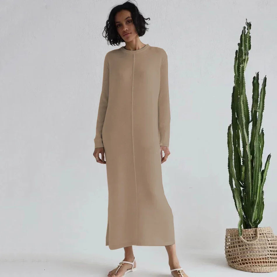 2024 Casual Midi Knit Dress Women's O-neck Long Sleeve Split Straight Dresses Autumn Pure Color Knit Vestidos Ivory