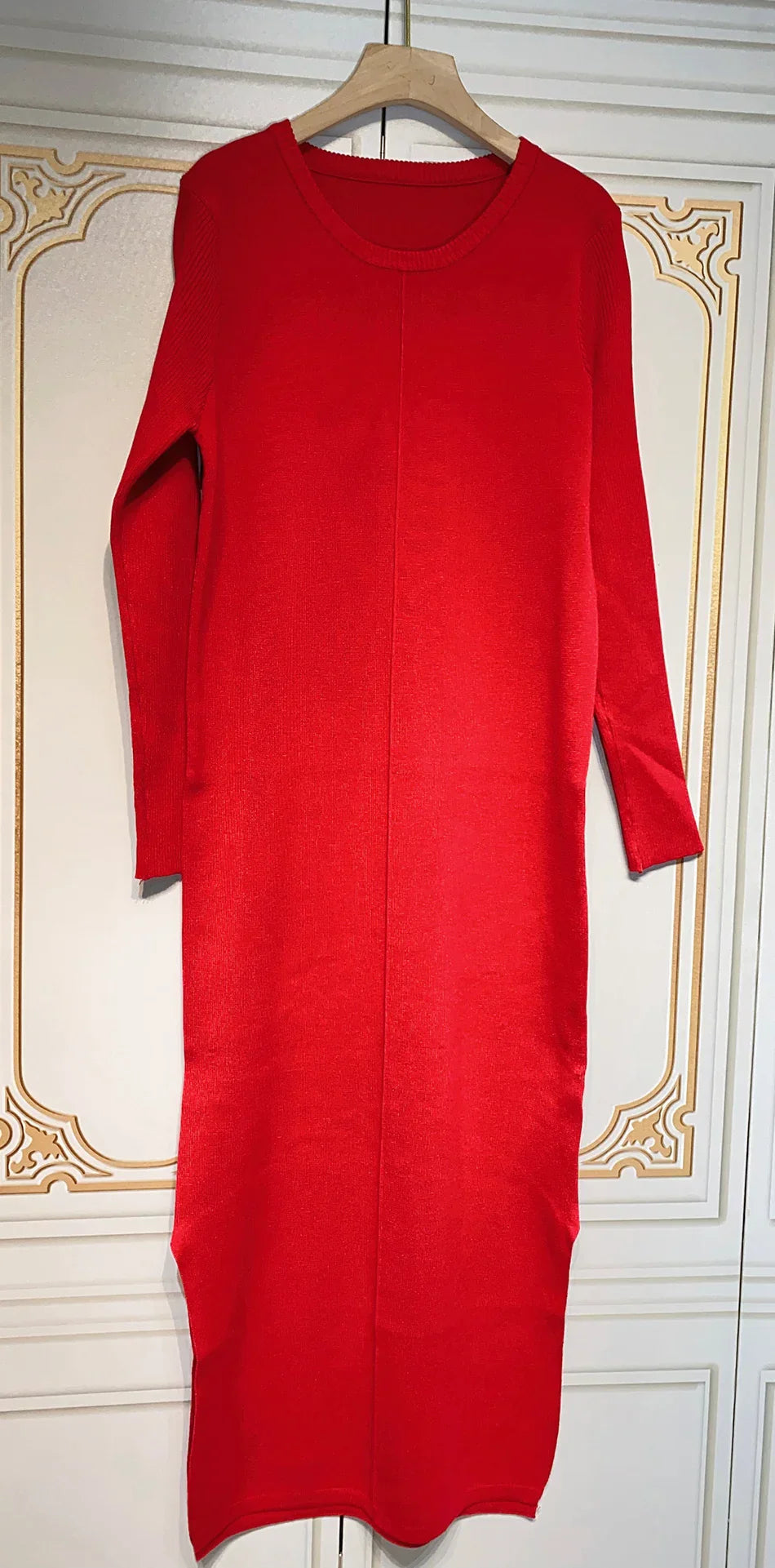 2024 Casual Midi Knit Dress Women's O-neck Long Sleeve Split Straight Dresses Autumn Pure Color Knit Vestidos Red