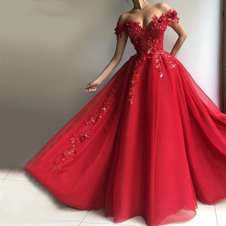 Customized Red Off The Shoulder Prom Dresses Women Formal Party Night Vestidos A-Line Appliques Sequins Tulle Evening Gowns same color picture