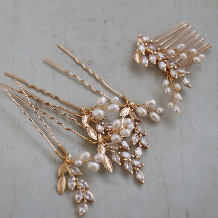 Bridal Jewelry Leaf Hair Comb Pin Clip Pearl Zirconia Head Pieces For Brides Bridesmaids Hairpins Headdress Wedding Accessories