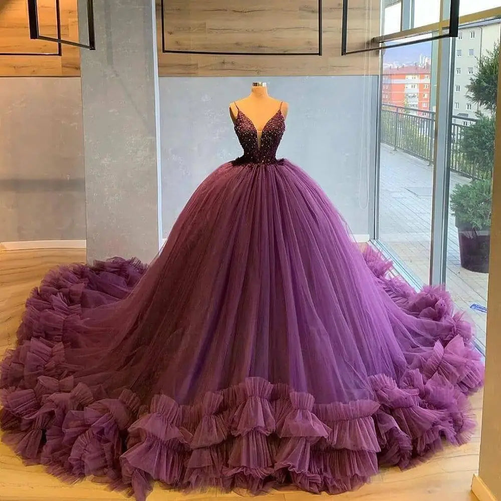 Customized Tulle Ruffles Party Evening Dresses Purple Navy Blue Formal Prom Dress Gown Women Plus Size robe de soiree PURPLE