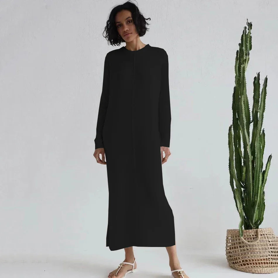 2024 Casual Midi Knit Dress Women's O-neck Long Sleeve Split Straight Dresses Autumn Pure Color Knit Vestidos black