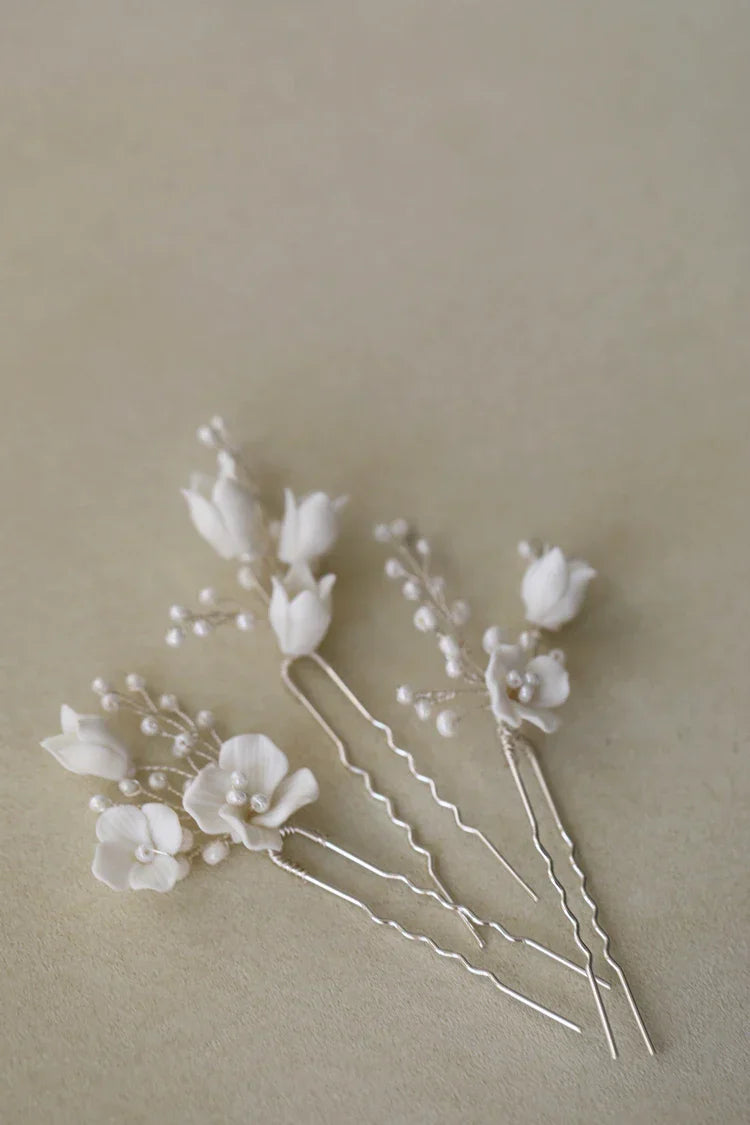 Bridal Jewelry Porcelain Flower Hairpins Silver Color Hair Pin Clip For Brides Bridesmaids Women Head Pieces Wedding Accessories