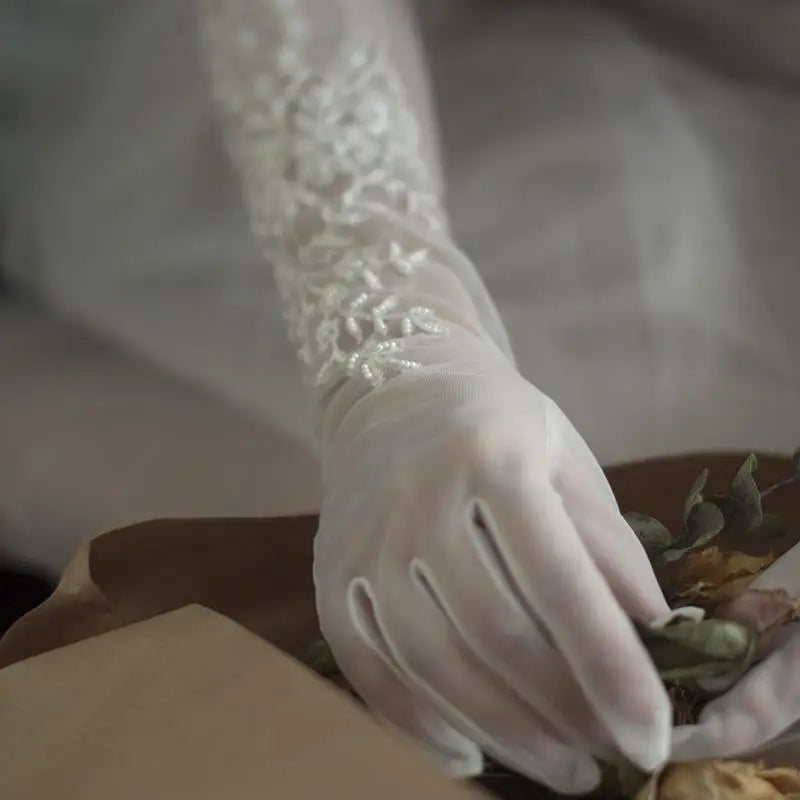 Long Bridal Gloves Vintage Flower Pearls Wristband Wedding Glove For Women Girl Party Evening Dress Jewelry Bride Accessories