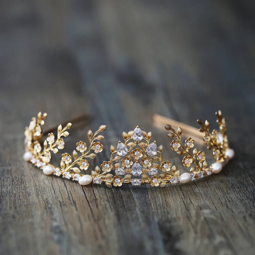 Bridal Hair Jewelry Vintage Tiara Crown Zircon Pearl Headband Headpiece For Brides Princess Queen Hairband Wedding Accessories Default Title