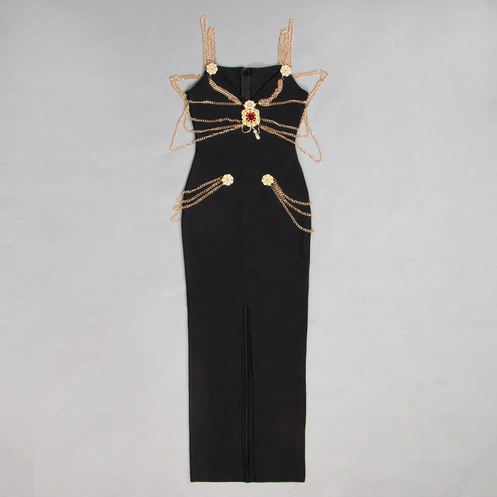 Runway Fashion Maxi Long Bandage Dress Open Fork Chains Strap Fashion Beading Bandage Dress Cocktail Party Bodycon Dresses 2025 as photo 2