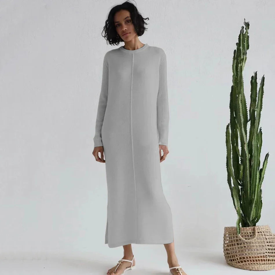 2024 Casual Midi Knit Dress Women's O-neck Long Sleeve Split Straight Dresses Autumn Pure Color Knit Vestidos GRAY