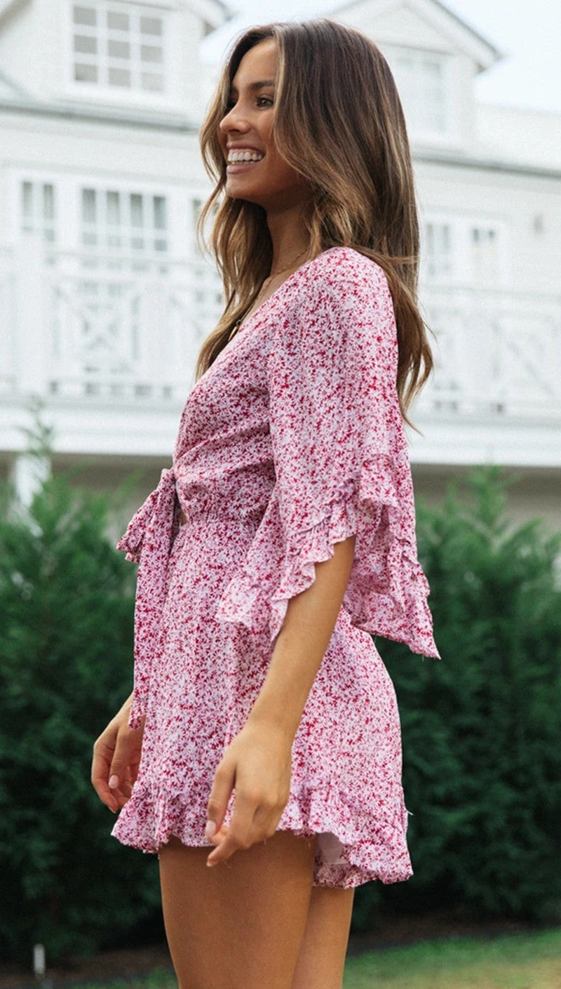 Floral Ruffles Loose VNeck Romper