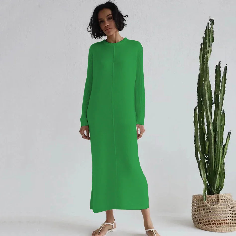 2024 Casual Midi Knit Dress Women's O-neck Long Sleeve Split Straight Dresses Autumn Pure Color Knit Vestidos