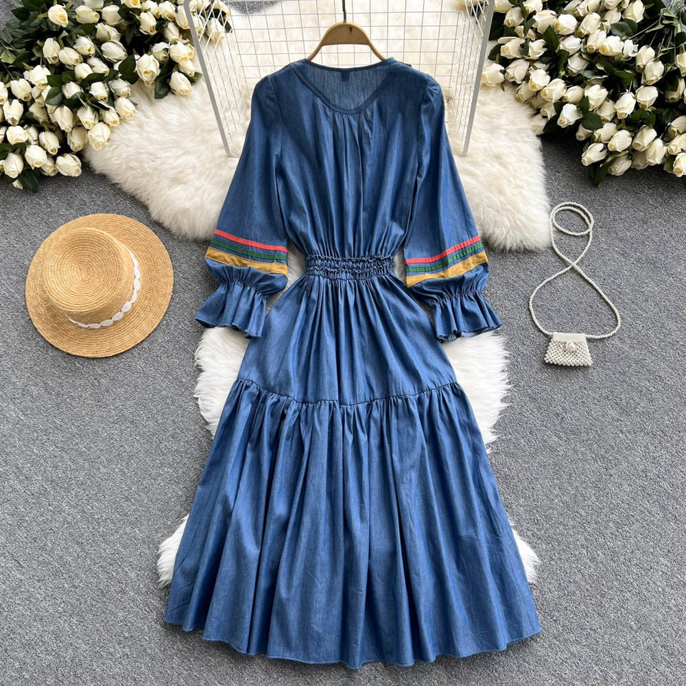 Quality Embroidered Denim Dress 2024 Summer Autumn National Korean Pleated A Line Long Sleeve Cowboy Dress Women Jeans Dress