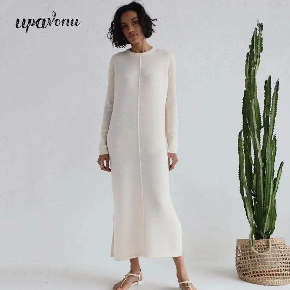 2024 Casual Midi Knit Dress Women's O-neck Long Sleeve Split Straight Dresses Autumn Pure Color Knit Vestidos