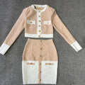 2024 Patchwork Black White O Neck Long Sleeves With Pockets Buttons Two Pieces Bandage Skirt Women Set Khaki