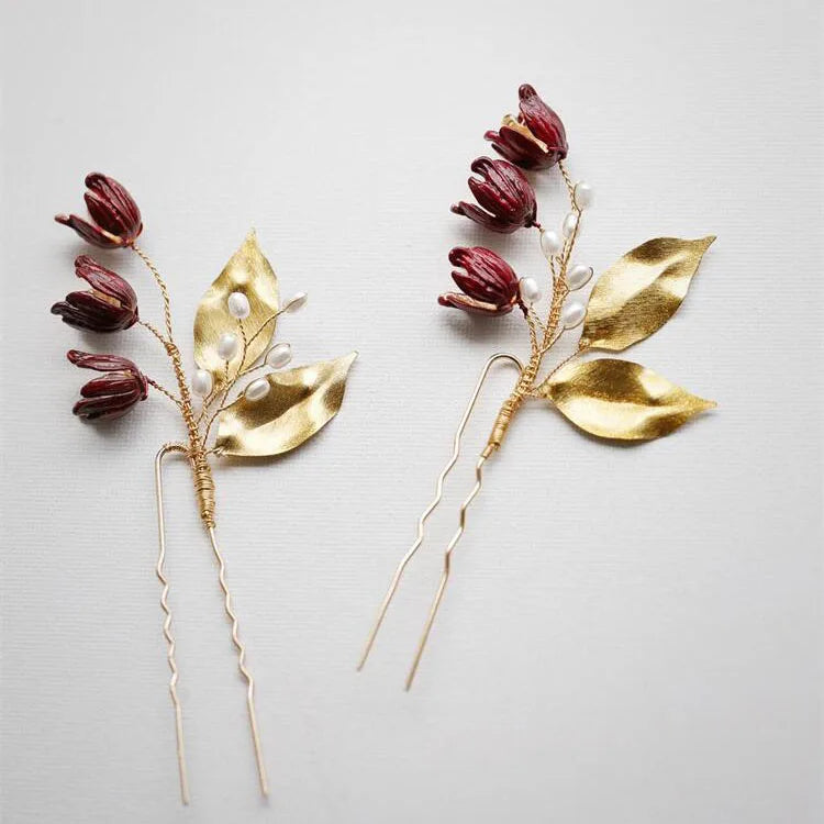 Bridal Accessories Flower Leaf Hair Pin Clip Pearl Gold Color Hairpin For Bride Bridesmaids Headpiece Headdress Wedding Jewelry