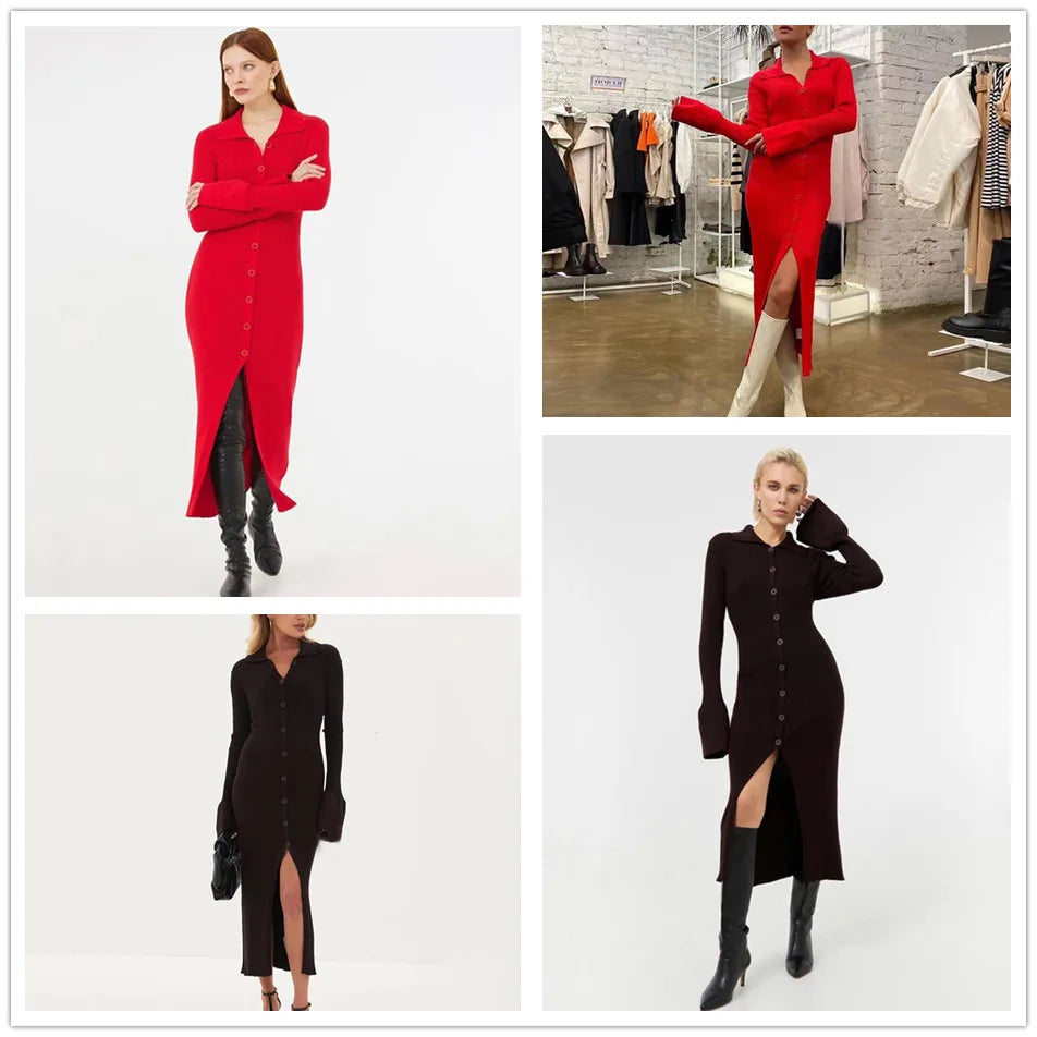 Autumn Bodycon Dress Sweater Knitted Green Women Sexy Midi Split V Neck Long Sleeve Casual Dresses Party Vestidos