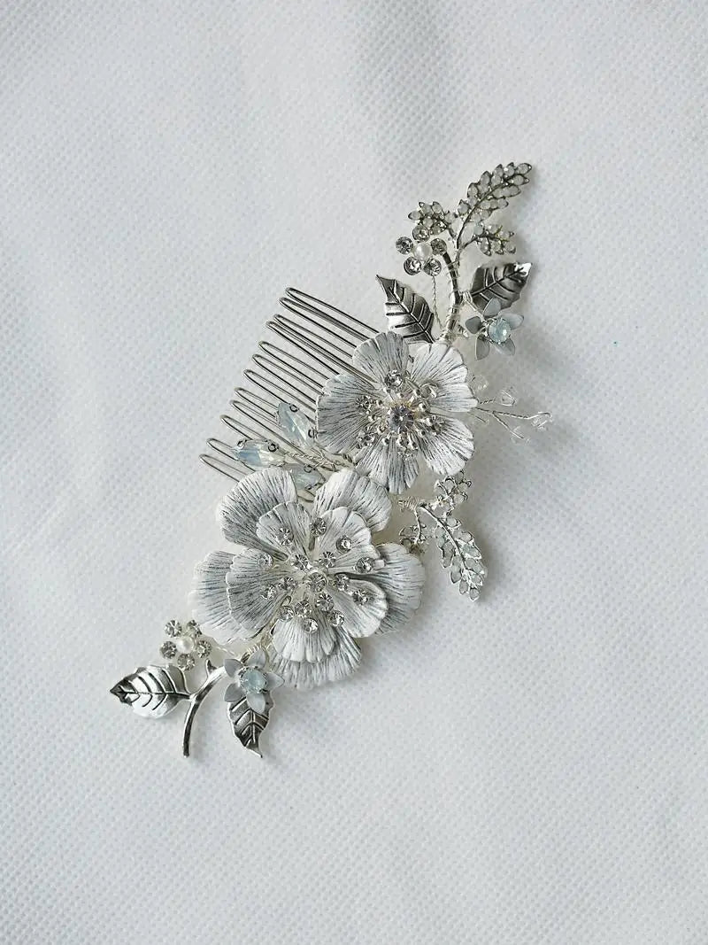 Bridal Hair Jewelry Flower Leaf Hair Combs Silver Color Head Pieces Rhinestones Hairpins For Women Brides Wedding Accessories a