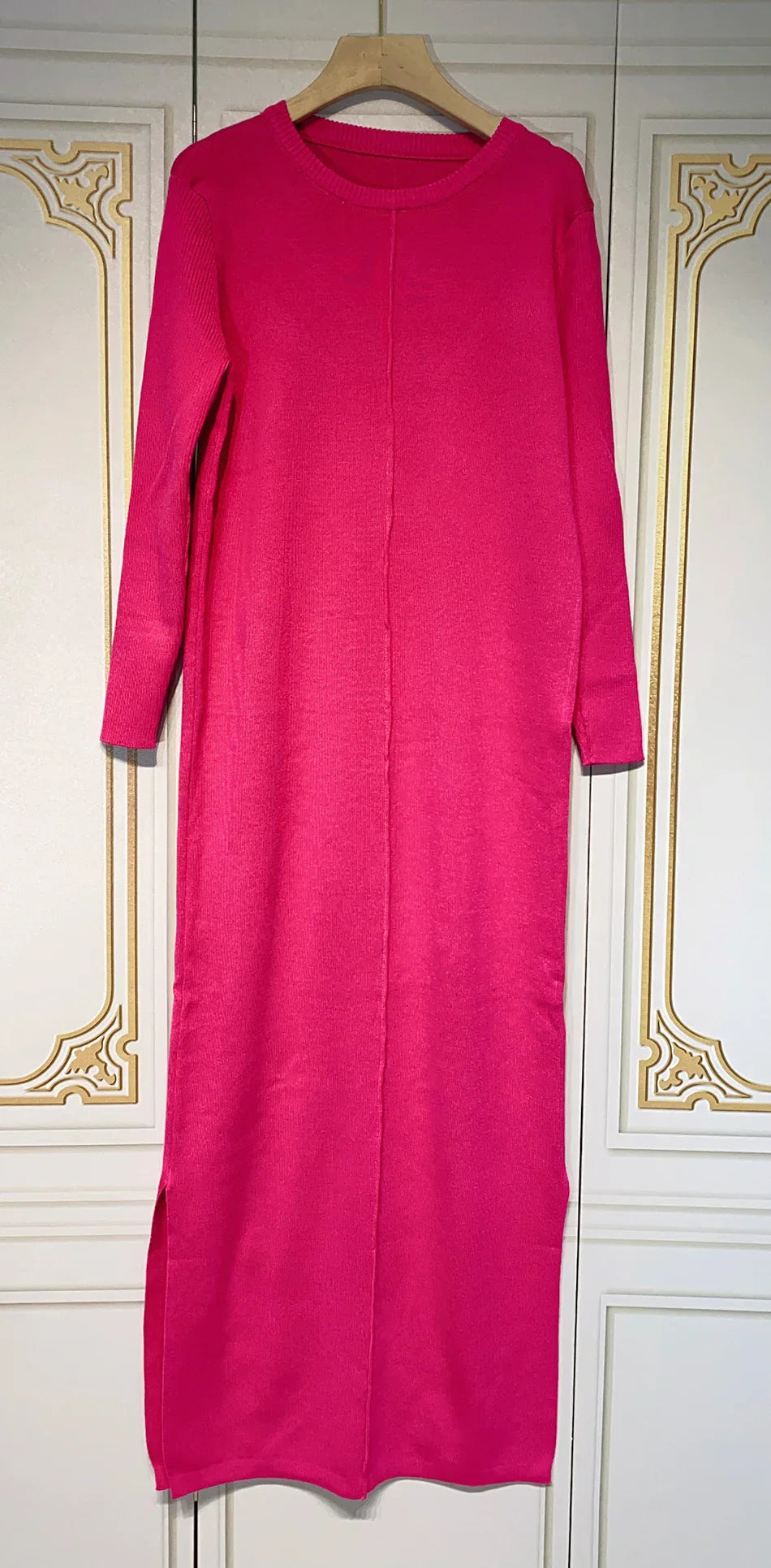 2024 Casual Midi Knit Dress Women's O-neck Long Sleeve Split Straight Dresses Autumn Pure Color Knit Vestidos Rose Red