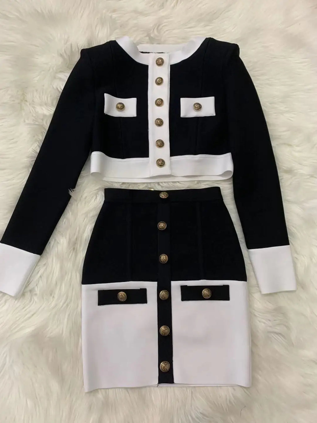 2021 High Street Summer Patchwork 2 Two-Piece Set O-Neck Long Sleeve Pocket Button Mini Bandage Dress Female Short Set