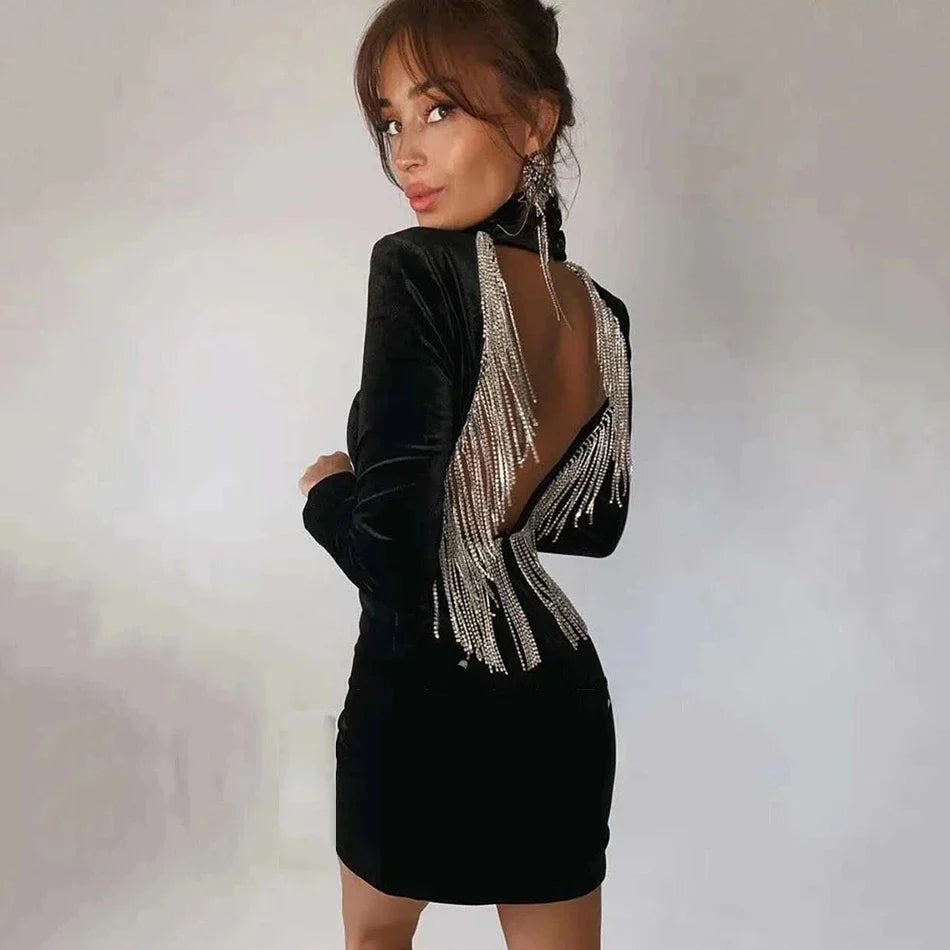 2024 Black Green Sexy Fashion Backless Diamonds Tassel Rayon Velvet Dress Evening Party Dresses Vestidos