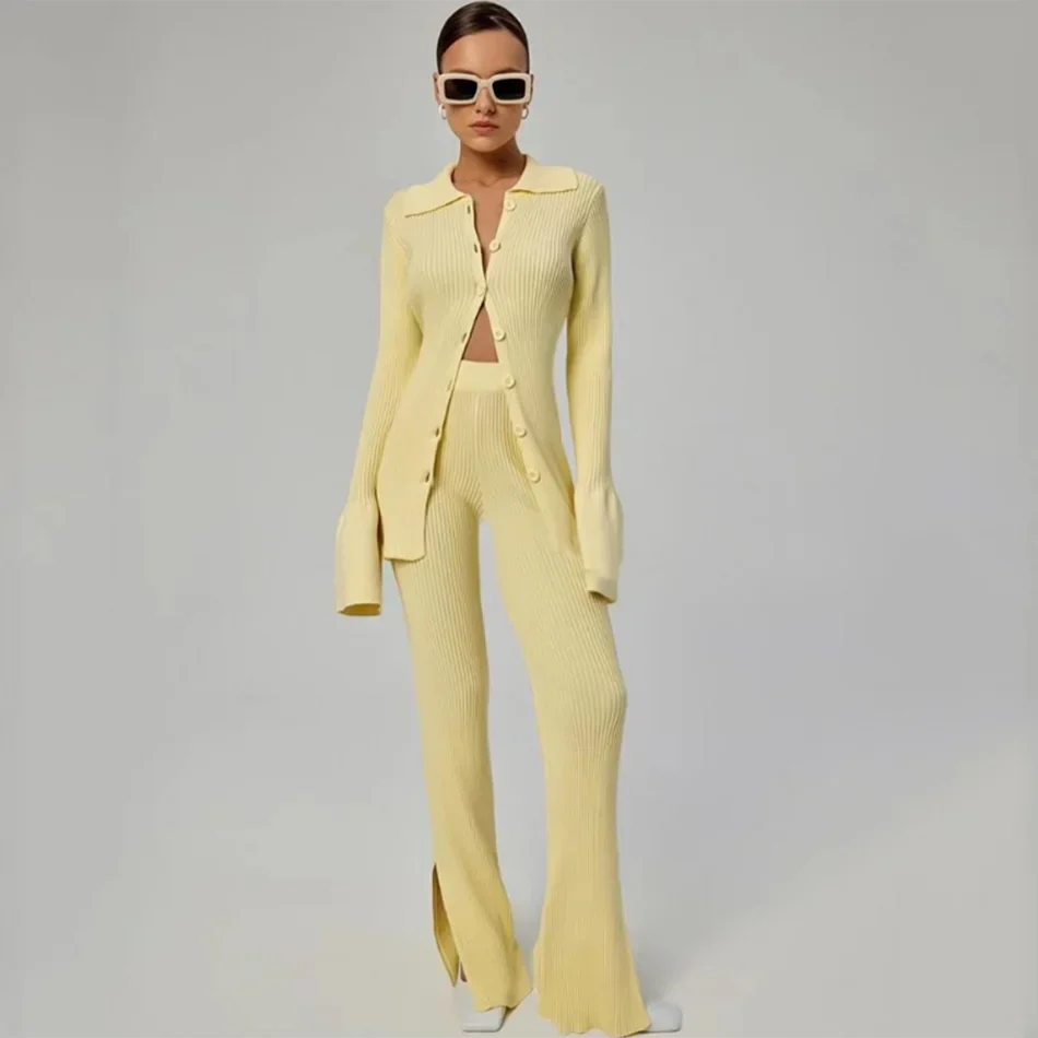 2024 Fashion Slim Knit Pants Set Lapel Flare Long Sleeve Single Breasted Cardigan Sweater & Trousers Two-Piece Set
