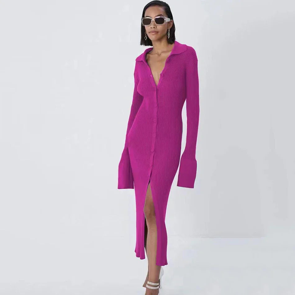Autumn Bodycon Dress Sweater Knitted Green Women Sexy Midi Split V Neck Long Sleeve Casual Dresses Party Vestidos Rose Red