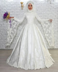 customized Luxury Muslim A Line Wedding Dresses Long Flare Sleeves Lace Satin Bride Dresses Arabic Islamic Vestido De Noiva Champagne