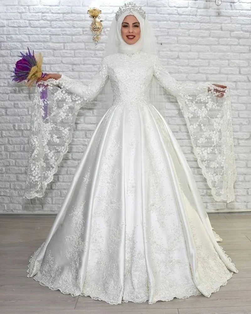 customized Luxury Muslim A Line Wedding Dresses Long Flare Sleeves Lace Satin Bride Dresses Arabic Islamic Vestido De Noiva Champagne