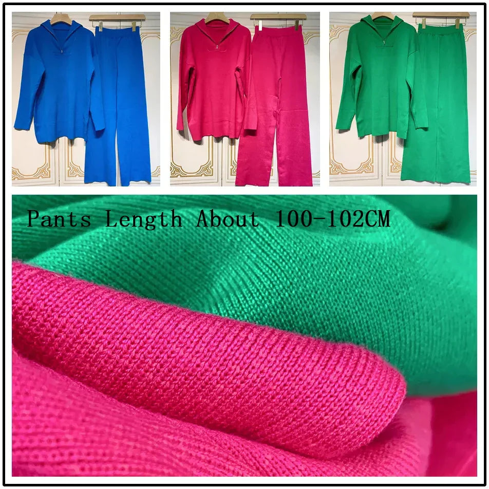 2024 Casual Autumn Loose Knit Sweater Set Fashion Zip Lapel Long Sleeve Pullover Sweater & Straight Pants Two-piece Set