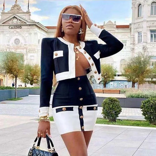 2024 Patchwork Black White O Neck Long Sleeves With Pockets Buttons Two Pieces Bandage Skirt Women Set black