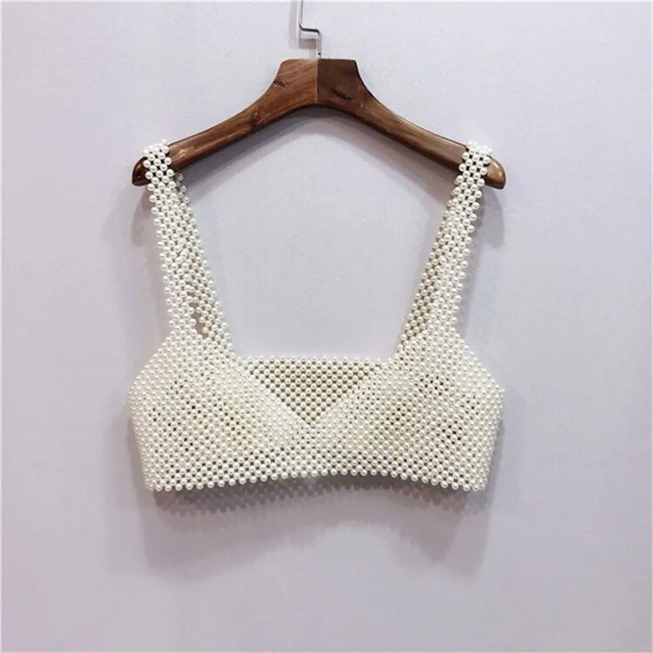 High Street Deep V Neck Pearl Vest Women Fashion Crop Top Ladies White Sleeveless Sexy Club Tank Top Blusas