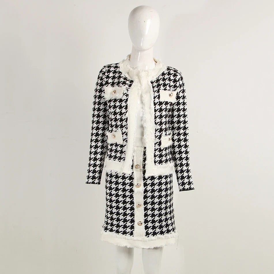 Autumn Women'S Houndstooth Tweed 2 Piece Sets Of Sexy Long-Sleeved Round Neck Button Coat + Short Pencil Skirt Party Suits WHITE