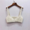 High Street Deep V Neck Pearl Vest Women Fashion Crop Top Ladies White Sleeveless Sexy Club Tank Top Blusas WHITE One Size