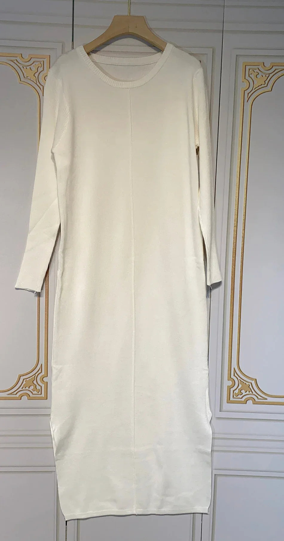 2024 Casual Midi Knit Dress Women's O-neck Long Sleeve Split Straight Dresses Autumn Pure Color Knit Vestidos WHITE