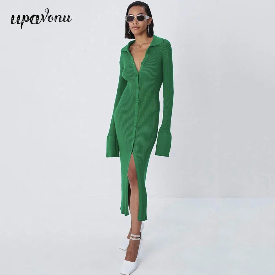Autumn Bodycon Dress Sweater Knitted Green Women Sexy Midi Split V Neck Long Sleeve Casual Dresses Party Vestidos