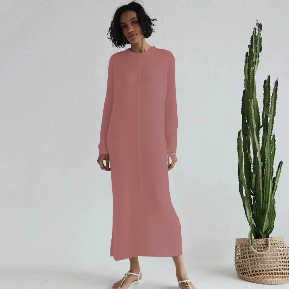 2024 Casual Midi Knit Dress Women's O-neck Long Sleeve Split Straight Dresses Autumn Pure Color Knit Vestidos Brown 1