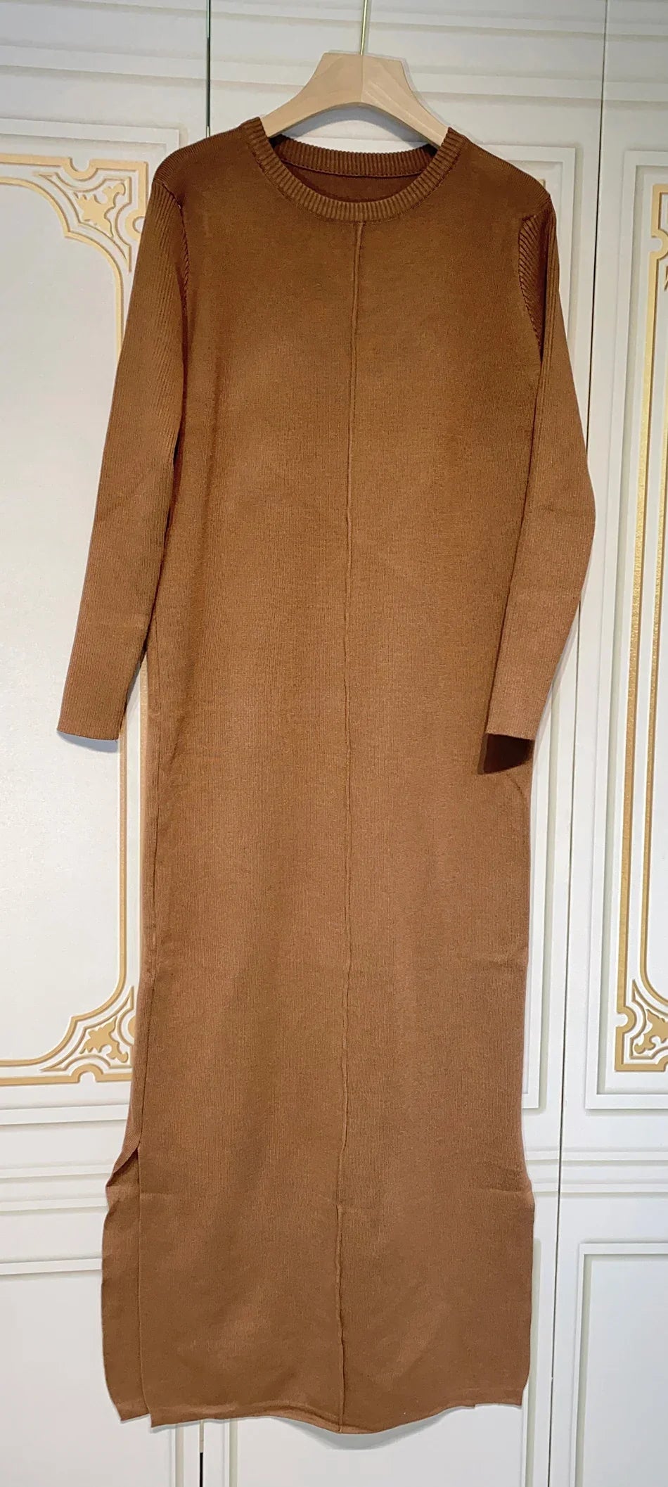 2024 Casual Midi Knit Dress Women's O-neck Long Sleeve Split Straight Dresses Autumn Pure Color Knit Vestidos Brown