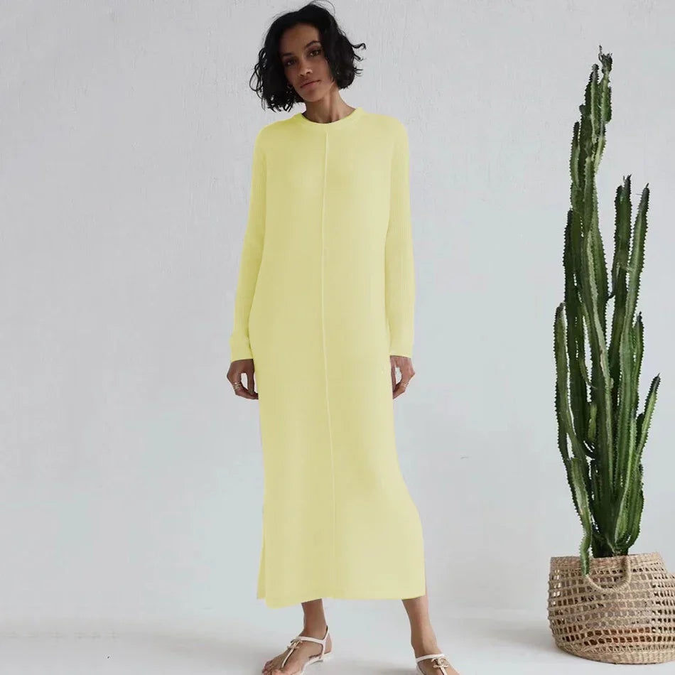 2024 Casual Midi Knit Dress Women's O-neck Long Sleeve Split Straight Dresses Autumn Pure Color Knit Vestidos Yellow