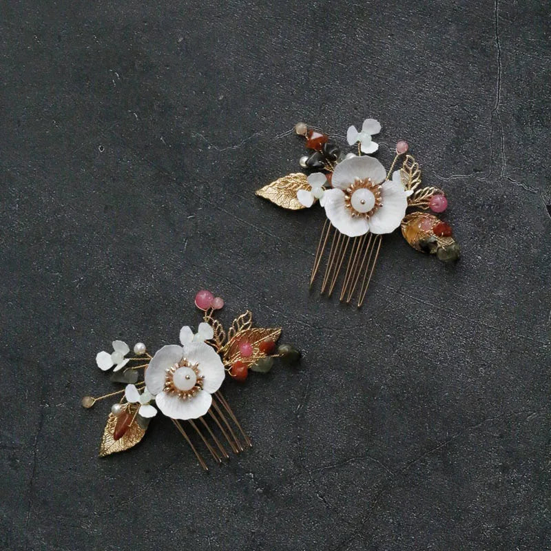 White Flower Hairpins Gold Color Headpieces Hair Combs Clips Pins For Brides Women Headdress Wedding Accessories Bridal Jewelry b