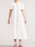 V Neck Linen Button Down Midi Dress with Pocket In White