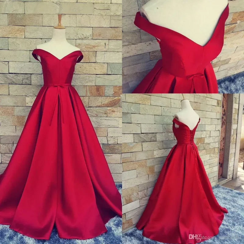 Customized Red Long Satin Prom Gowns Sexy V Neck Vestidos Open Back Vintage Evening Dresses Women Formal Party Dress