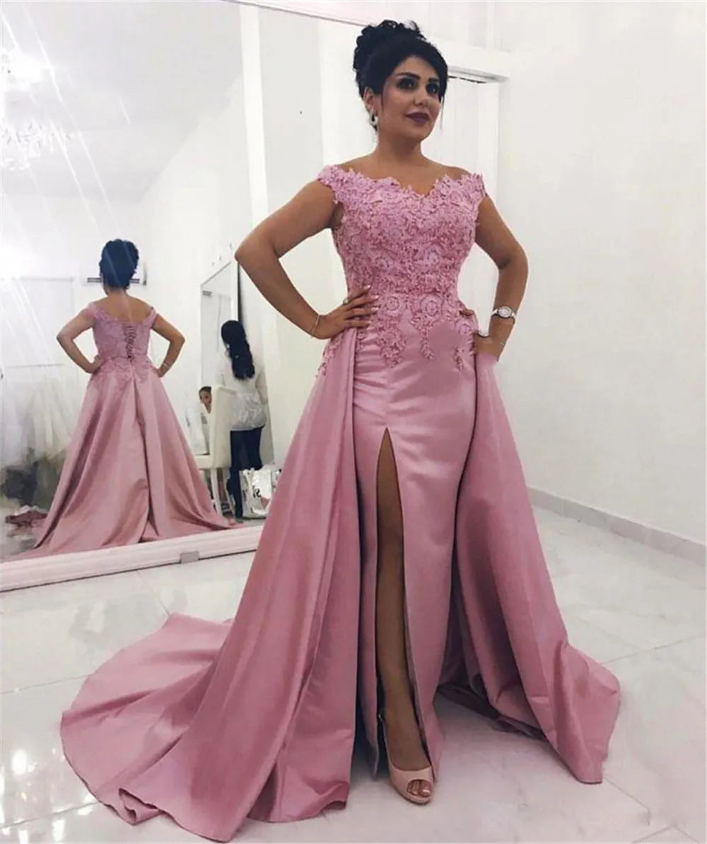 customized High Slit Arabic Evening Dress New Lace Appliques Floor Length Mermaid Prom Gowns Custom Made Women Party Dresses same picture color