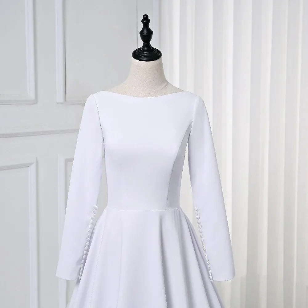 Customized Soft Satin Muslim Wedding Dress Long sleeve A Line Simple Bridal Gown robe de mariage 2025 Vestido De Noiva