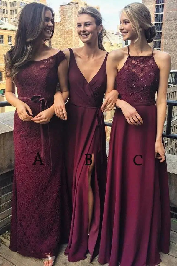 Customized Three Styles A-Line Bridesmaid Dresses Floor-Length Bridesmaid Dress Lace dress for wedding party Burgundy dress Burgundy color A