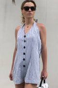 Halter Striped V-neck Backless Single Breasted Romper - Mislish