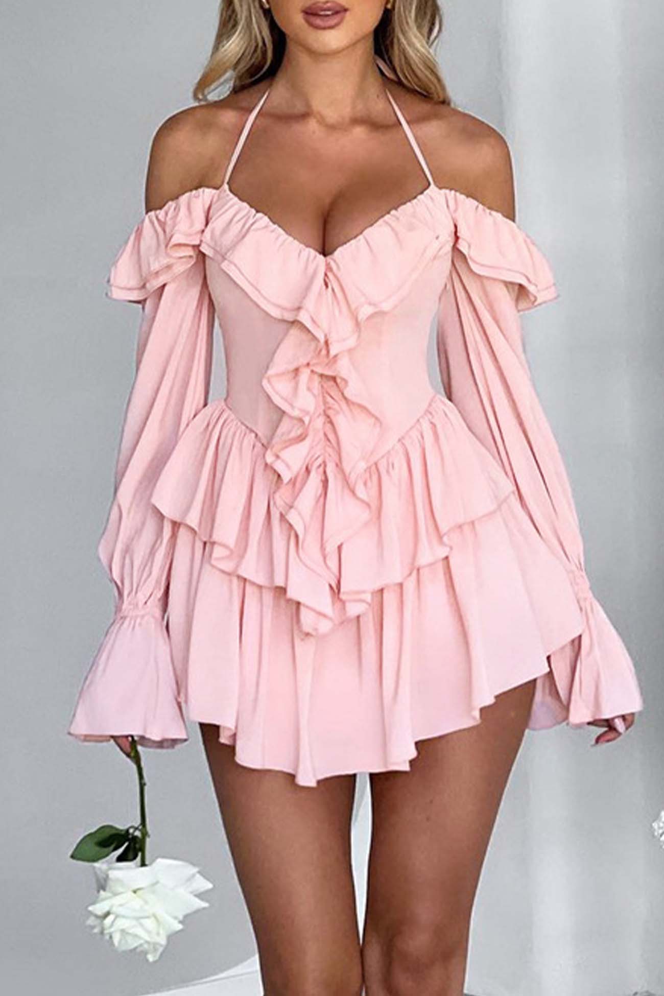 Halter Off The Shoulder Ruffled Mini Dress