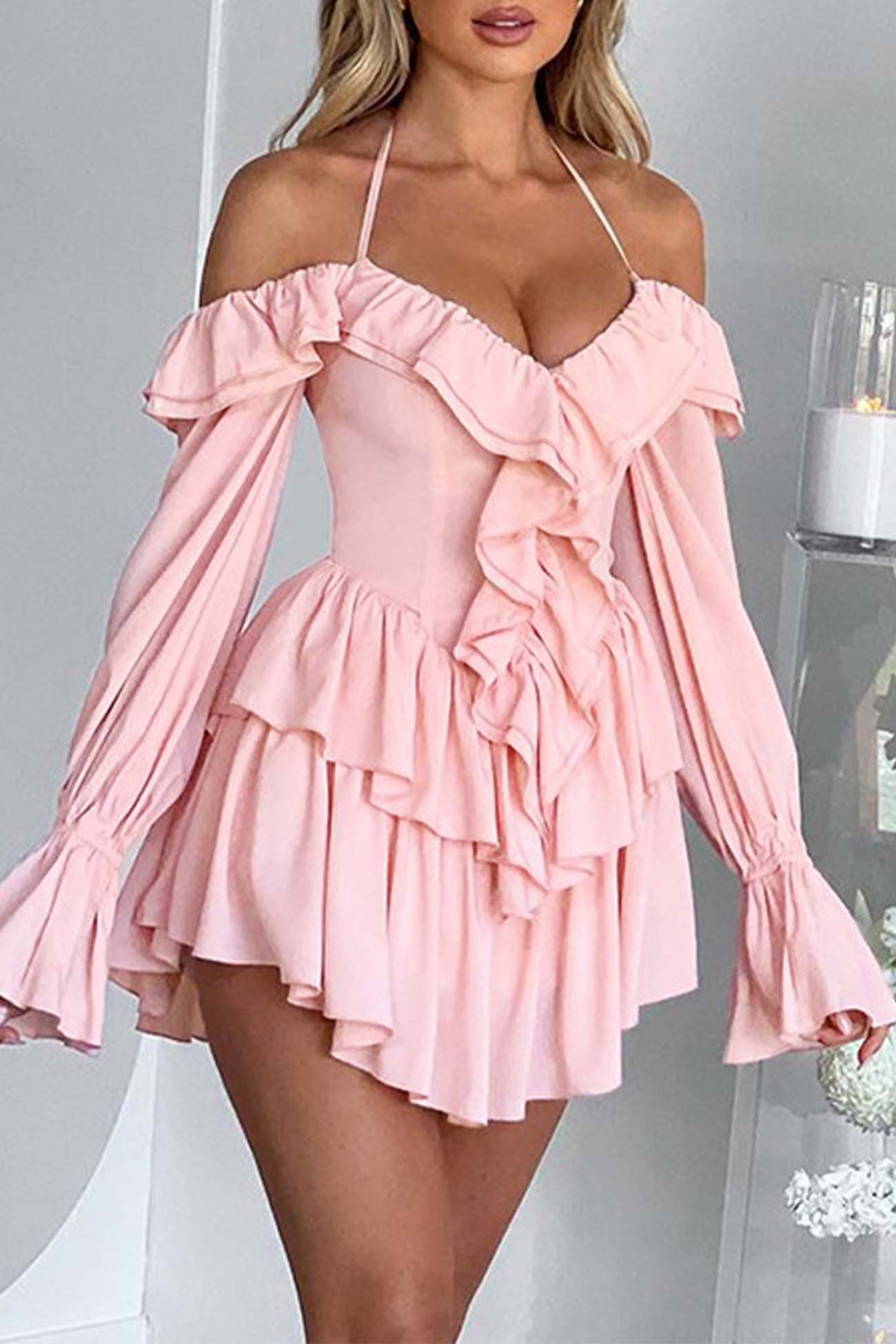 Halter Off The Shoulder Ruffled Mini Dress