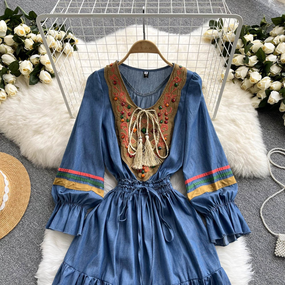 Quality Embroidered Denim Dress 2024 Summer Autumn National Korean Pleated A Line Long Sleeve Cowboy Dress Women Jeans Dress