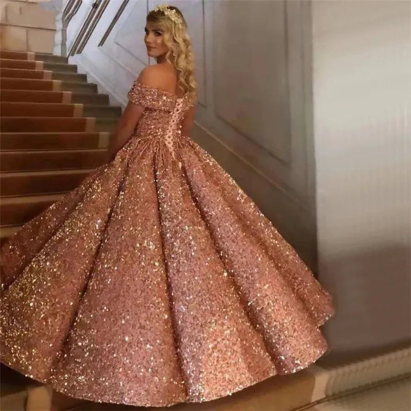 Customized Sparkly Burgundy Evening Dress Long robe de mariee Off Shoulder Sequins Lace Up Ball Gown Vestidos De Noiva