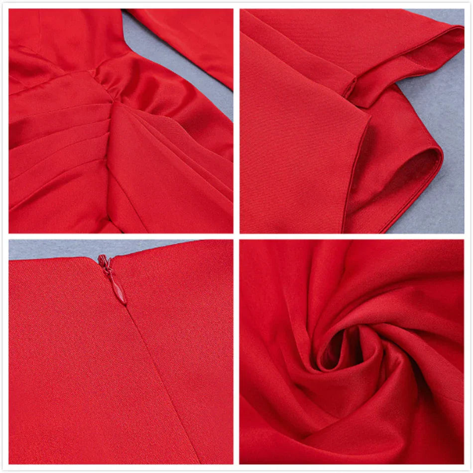 Sexy Red Satin Dress Women's Deep V Neck Puff Sleeve Bodycon Draped Dress Club Night Party Mini Vestidos