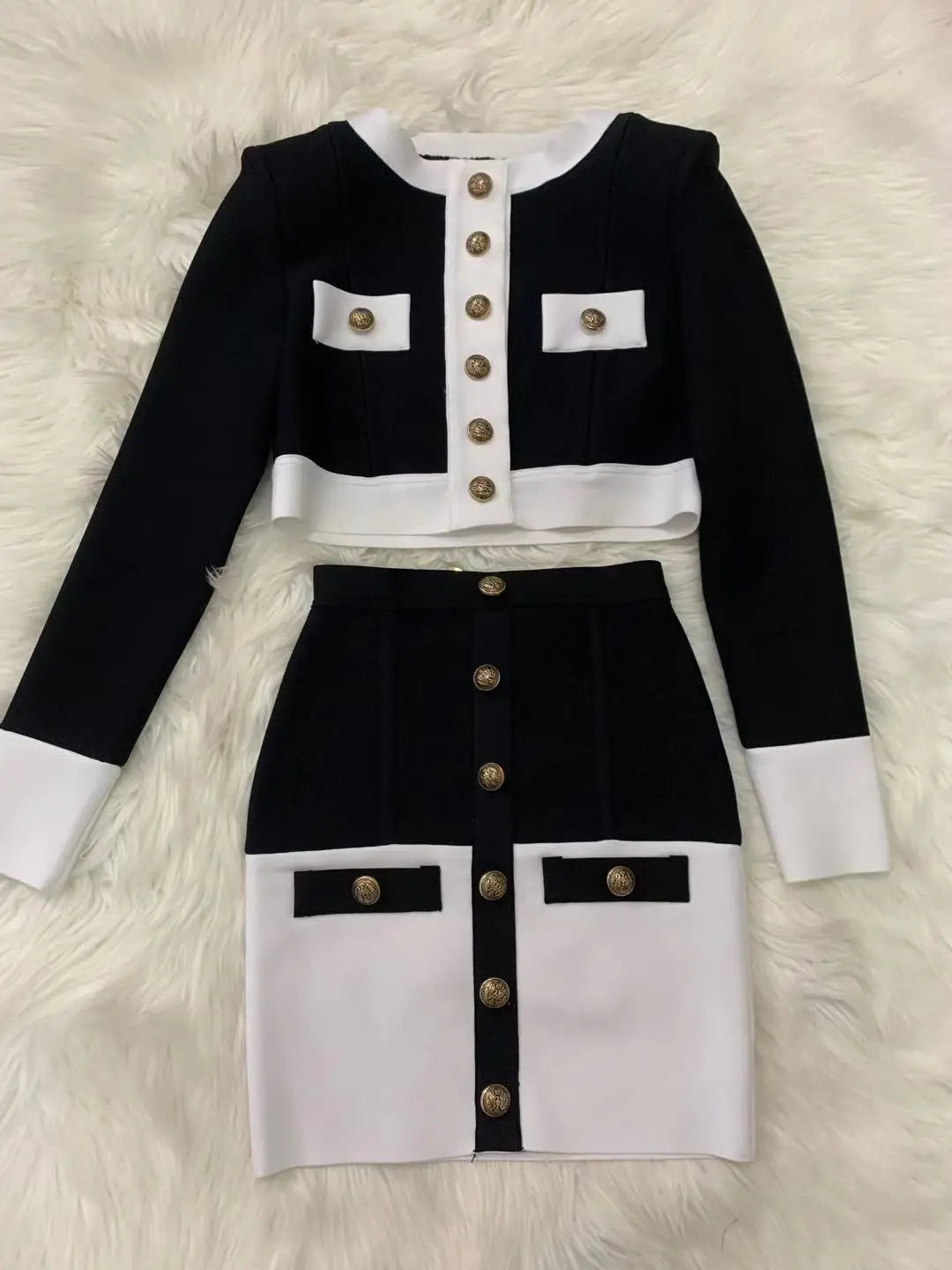 2021 High Street Summer Patchwork 2 Two-Piece Set O-Neck Long Sleeve Pocket Button Mini Bandage Dress Female Short Set black